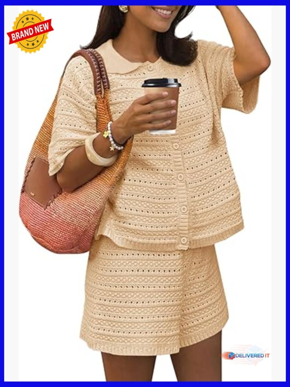 Crochet Button Cardigan & Shorts Set Summer Beach Cover Up Loose Knit Vacation